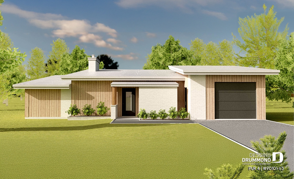 Vue avant - MODÈLE DE BASE - Plan de maison contemporaine et éco-responsable proposant 3 chambres, une serre et un garage - PUR 4