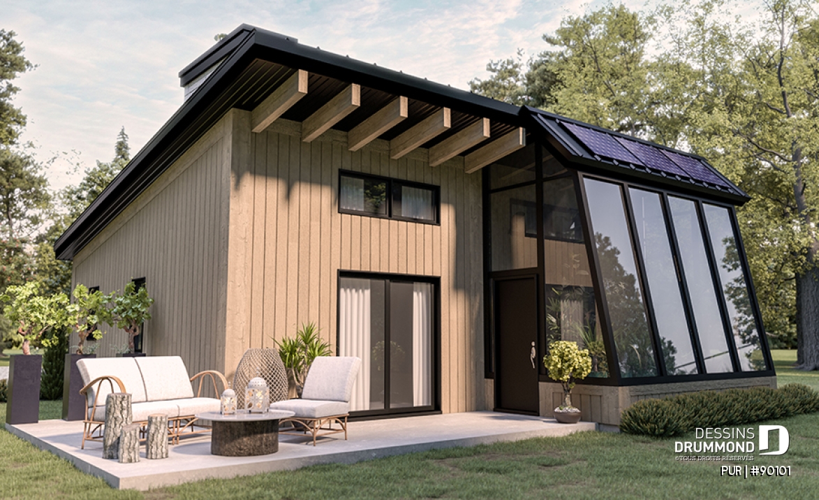 Vue arrière - MODÈLE DE BASE - Plan de maison éco-responsable avec une (1) chambre avec vue sur serre, plancher à aire ouverte, coin bureau - PUR