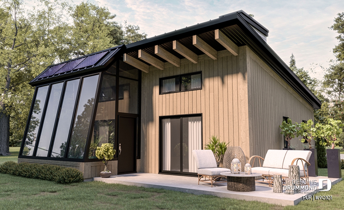 Vue arrière - MODÈLE DE BASE - Plan de maison éco-responsable avec une (1) chambre avec vue sur serre, plancher à aire ouverte, coin bureau - PUR