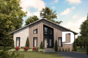 Vue avant - MODÈLE DE BASE - Plan maison éco-responsable 1 à 4 chambres, bureau, foyer, mezzanine, vestiaire, s-sol aménagé optionnel ($) - Intervalle