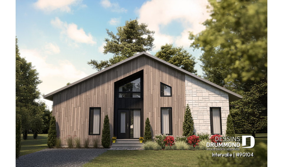 Vue avant - MODÈLE DE BASE - Plan maison éco-responsable 1 à 4 chambres, bureau, foyer, mezzanine, vestiaire, s-sol aménagé optionnel ($) - Intervalle