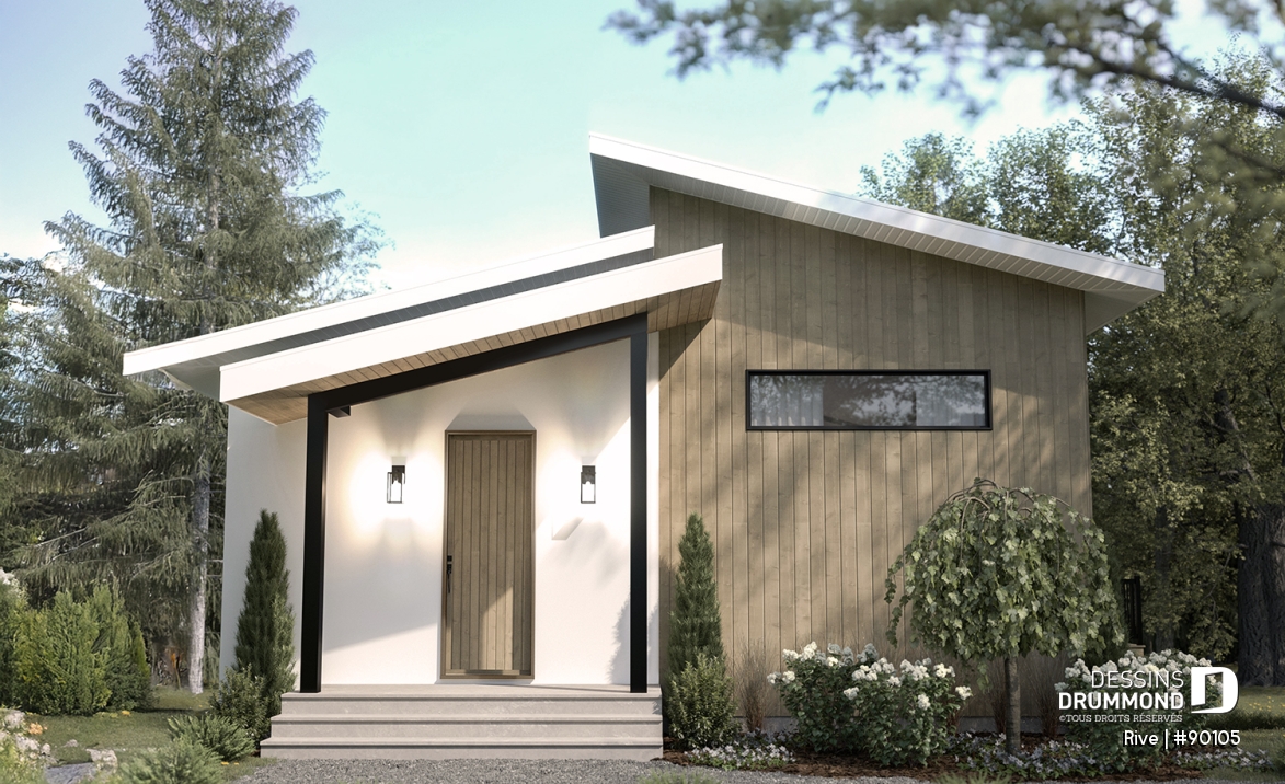 Vue avant - MODÈLE DE BASE - Plan de petite maison scandinave éco-responsable, 1 à 4 chambres, bureau, finition sous-sol optionnel ($) - Rive