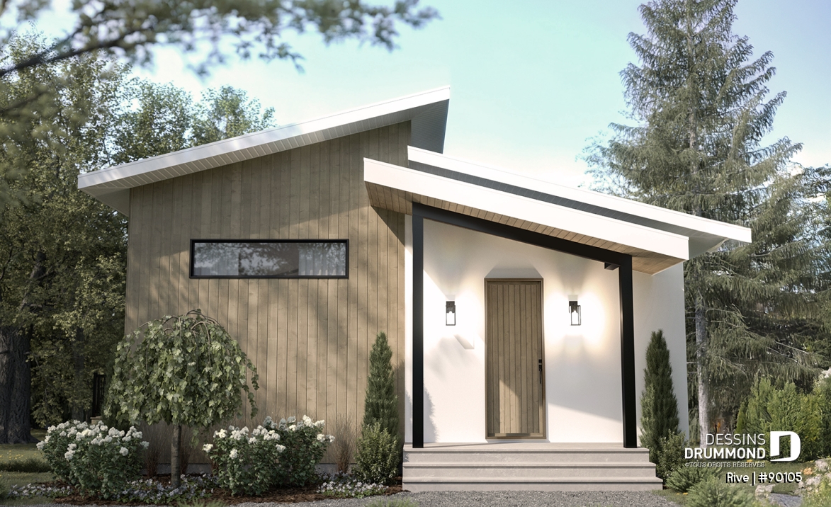 Vue avant - MODÈLE DE BASE - Plan de petite maison scandinave éco-responsable, 1 à 4 chambres, bureau, finition sous-sol optionnel ($) - Rive