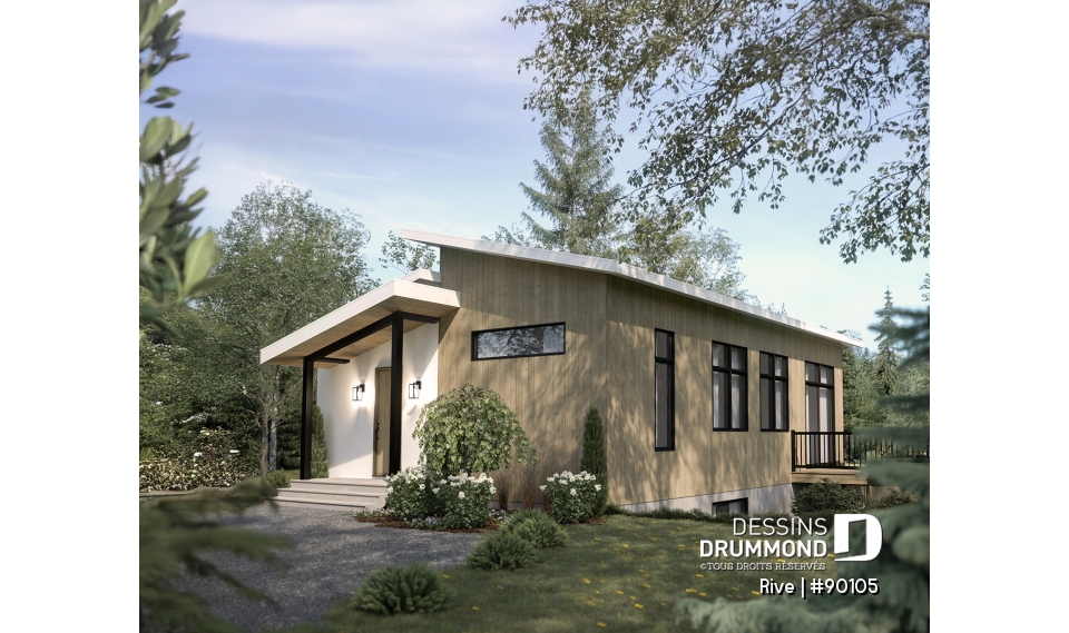 Vue droite - Plan de petite maison scandinave éco-responsable, 1 à 4 chambres, bureau, finition sous-sol optionnel ($) - Rive