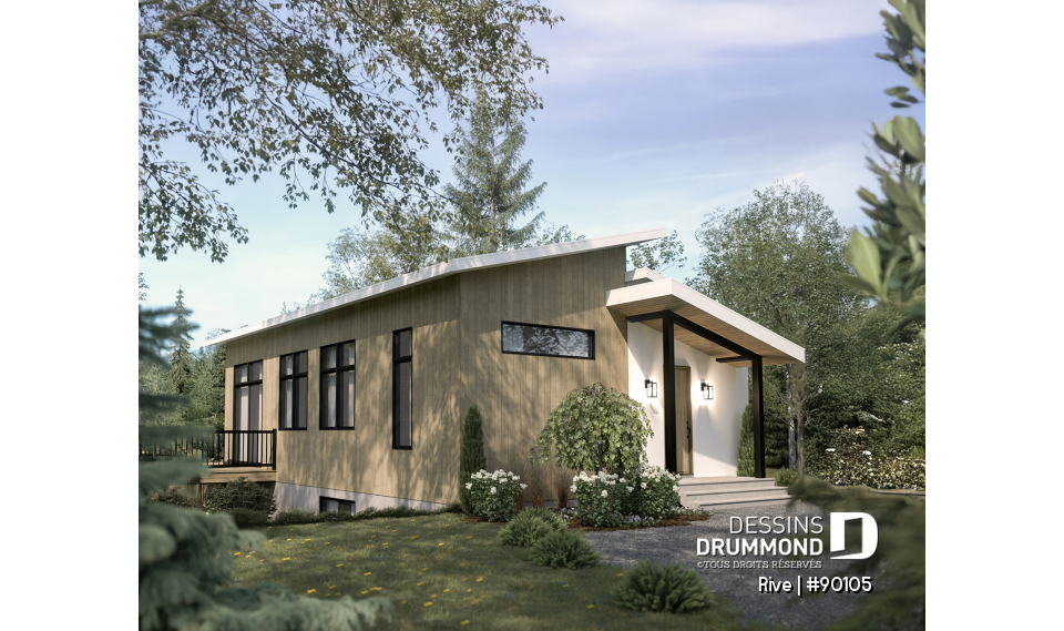Vue droite - Plan de petite maison scandinave éco-responsable, 1 à 4 chambres, bureau, finition sous-sol optionnel ($) - Rive