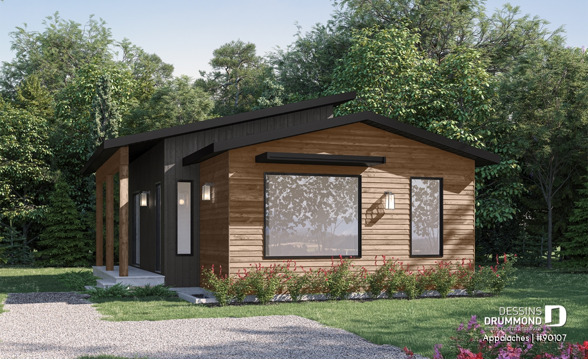 Vue avant - MODÈLE DE BASE - Plan de chalet ou petite maison éco-responsable, 1 à 3 chambres, galerie abritée, s-sol aménagé optionnel ($) - Appalaches