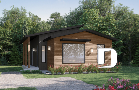 Vue avant - MODÈLE DE BASE - Plan de chalet ou petite maison éco-responsable, 1 à 3 chambres, galerie abritée, s-sol aménagé optionnel ($) - Appalaches