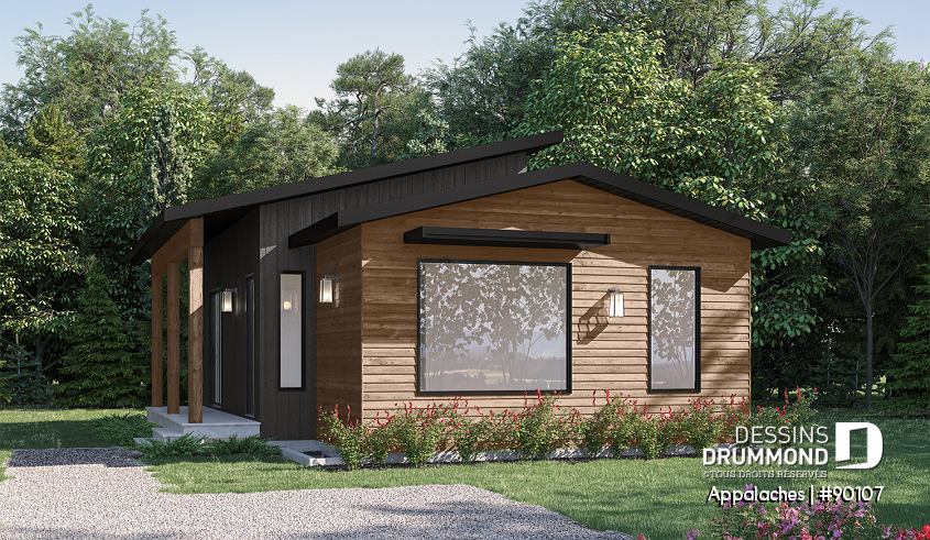 Vue avant - MODÈLE DE BASE - Plan de chalet ou petite maison éco-responsable, 1 à 3 chambres, galerie abritée, s-sol aménagé optionnel ($) - Appalaches