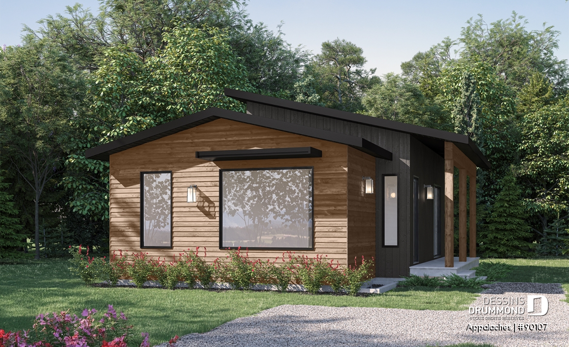Vue avant - MODÈLE DE BASE - Plan de chalet ou petite maison éco-responsable, 1 à 3 chambres, galerie abritée, s-sol aménagé optionnel ($) - Appalaches