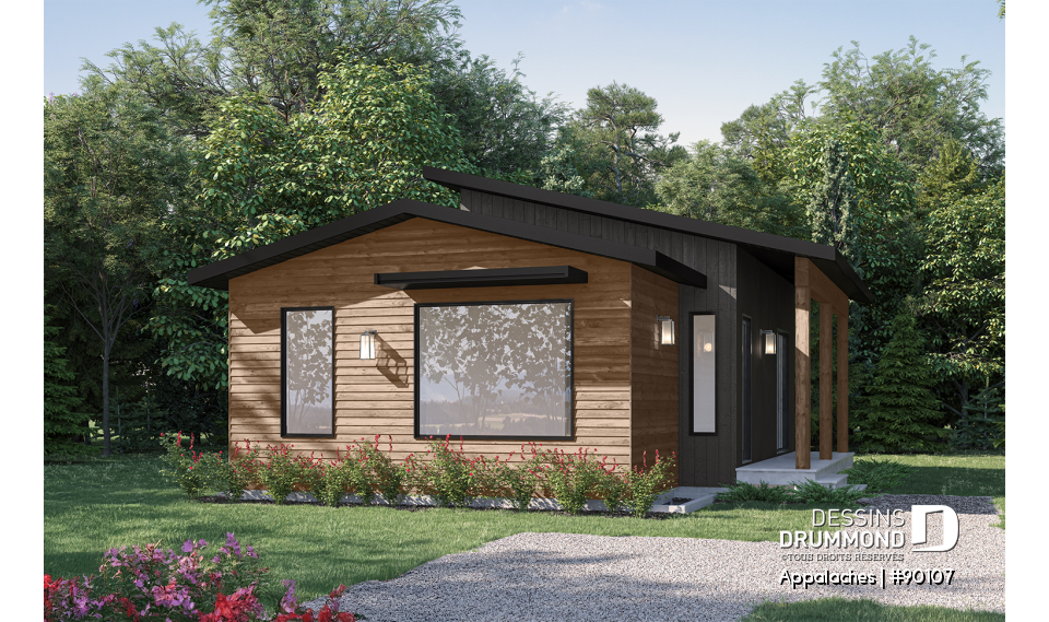 Vue avant - MODÈLE DE BASE - Plan de chalet ou petite maison éco-responsable, 1 à 3 chambres, galerie abritée, s-sol aménagé optionnel ($) - Appalaches