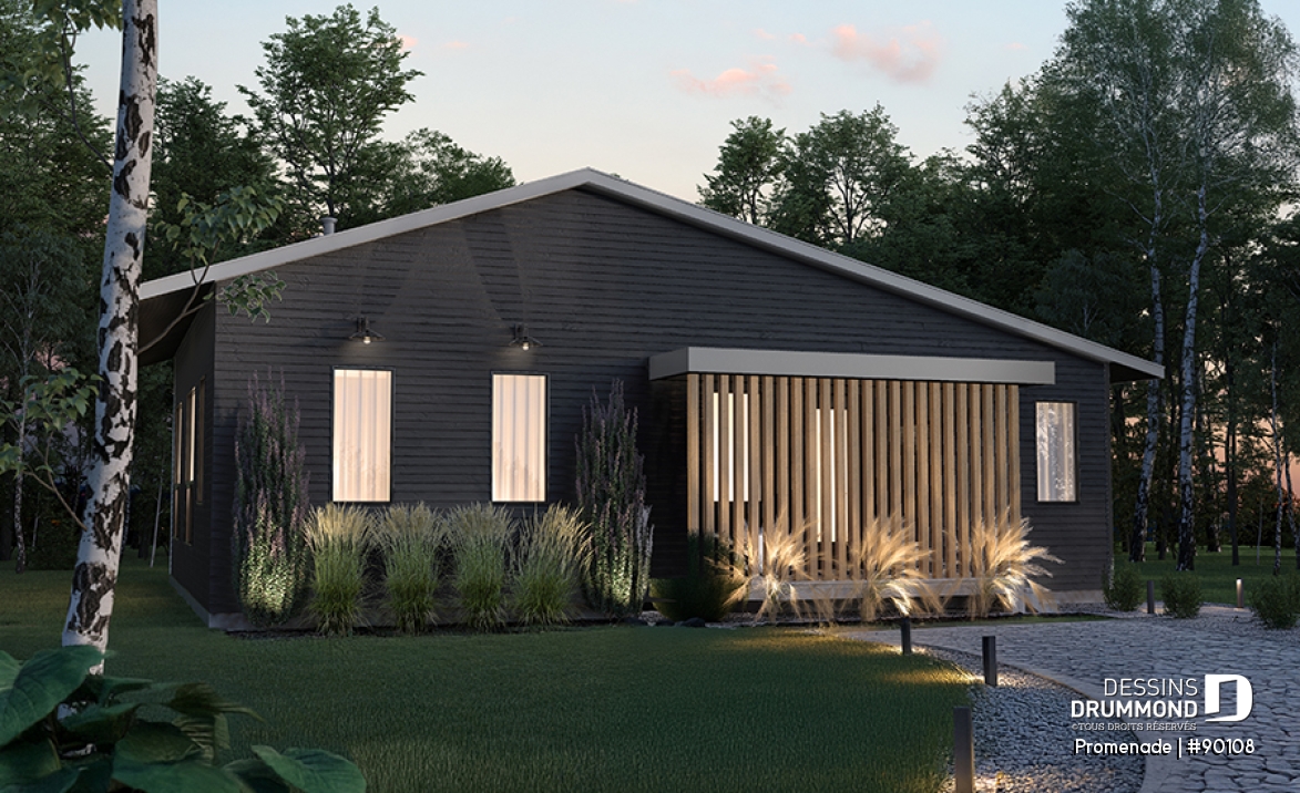 Vue avant - MODÈLE DE BASE - Plan de maison éco-responsable, 1 à 3 chambres + bureau, sous-sol aménagé (optionel $) - Promenade