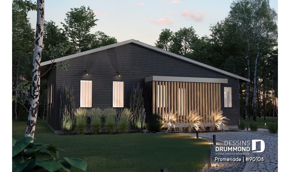 Vue avant - MODÈLE DE BASE - Plan de maison éco-responsable, 1 à 3 chambres + bureau, sous-sol aménagé (optionel $) - Promenade