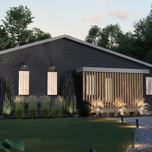Vue avant - MODÈLE DE BASE - Plan de maison éco-responsable, 1 à 3 chambres + bureau, sous-sol aménagé (optionel $) - Promenade