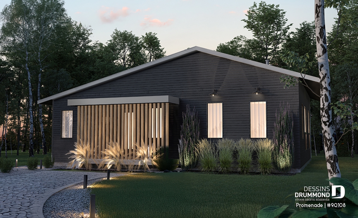 Vue avant - MODÈLE DE BASE - Plan de maison éco-responsable, 1 à 3 chambres + bureau, sous-sol aménagé (optionel $) - Promenade