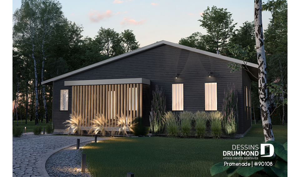 Vue avant - MODÈLE DE BASE - Plan de maison éco-responsable, 1 à 3 chambres + bureau, sous-sol aménagé (optionel $) - Promenade