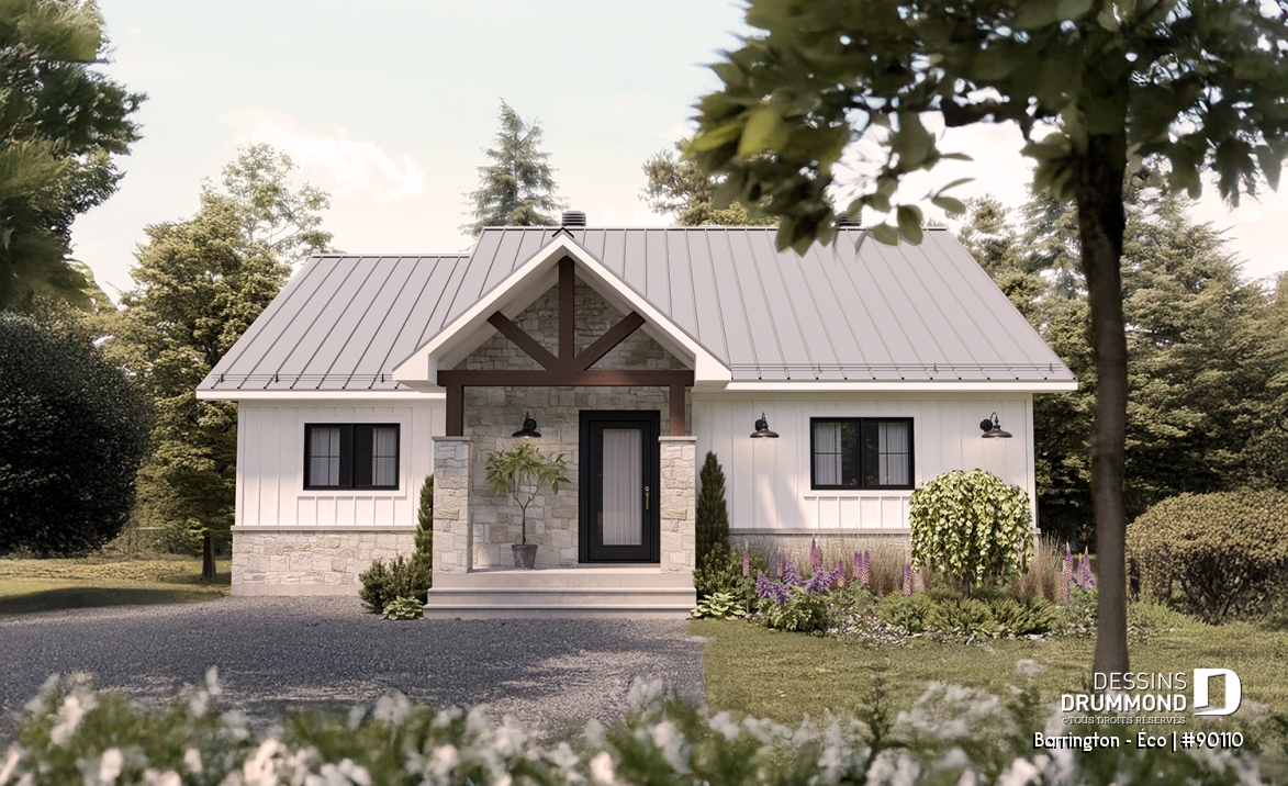 Vue avant - MODÈLE DE BASE - Plain-pied farmhouse éco-responsable, de 2 à 5 chambres, s-sol aménagé (optionnel $), terrasse couverte - Barrington - Éco