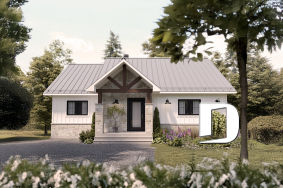 Vue avant - MODÈLE DE BASE - Plain-pied farmhouse éco-responsable, de 2 à 5 chambres, s-sol aménagé (optionnel $), terrasse couverte - Barrington - Éco