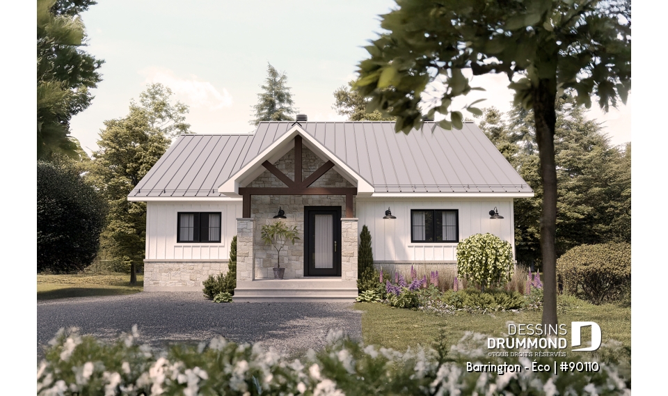 Vue avant - MODÈLE DE BASE - Plain-pied farmhouse éco-responsable, de 2 à 5 chambres, s-sol aménagé (optionnel $), terrasse couverte - Barrington - Éco