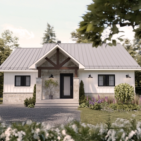 Vue avant - MODÈLE DE BASE - Plain-pied farmhouse éco-responsable, de 2 à 5 chambres, s-sol aménagé (optionnel $), terrasse couverte - Barrington - Éco