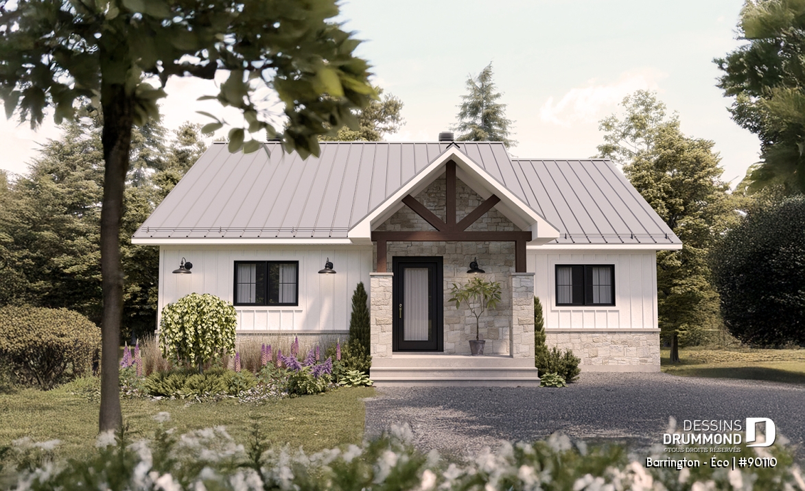 Vue avant - MODÈLE DE BASE - Plain-pied farmhouse éco-responsable, de 2 à 5 chambres, s-sol aménagé (optionnel $), terrasse couverte - Barrington - Éco