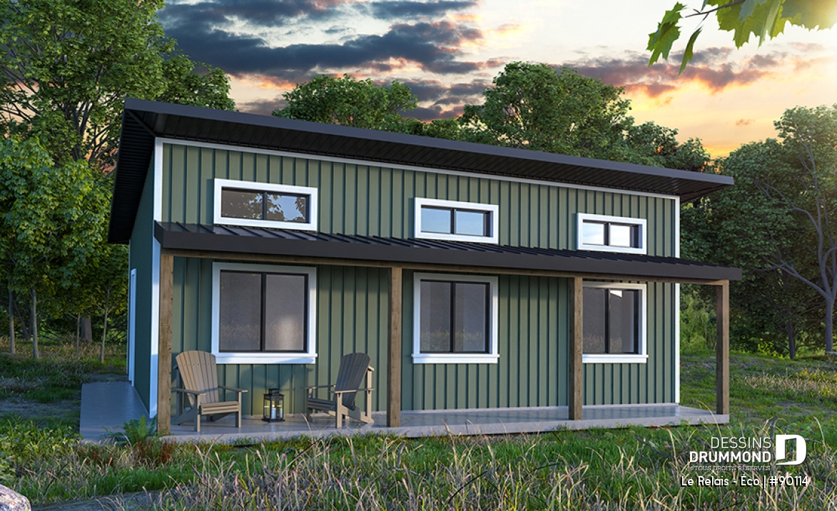 Vue avant - MODÈLE DE BASE - Plan de petit chalet éco-responsable et abordable avec vue panoramique et 2 chambres - Le Relais - Éco
