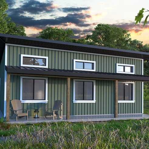 Vue avant - MODÈLE DE BASE - Plan de petit chalet éco-responsable et abordable avec vue panoramique et 2 chambres - Le Relais - Éco