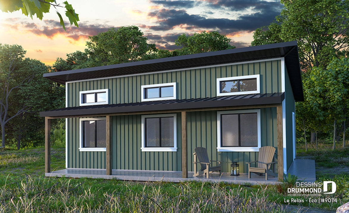 Vue avant - MODÈLE DE BASE - Plan de petit chalet éco-responsable et abordable avec vue panoramique et 2 chambres - Le Relais - Éco