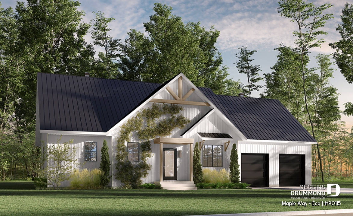 Vue avant - MODÈLE DE BASE - Plain-pied Farmhouse éco-responsable 2 à 5 chambres, bureau, garage double, sous-sol aménagé (optionnel $) - Maple Way - Éco