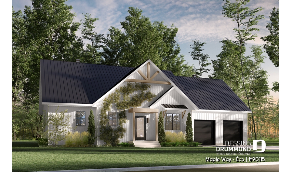Vue avant - MODÈLE DE BASE - Plain-pied Farmhouse éco-responsable 2 à 5 chambres, bureau, garage double, sous-sol aménagé (optionnel $) - Maple Way - Éco