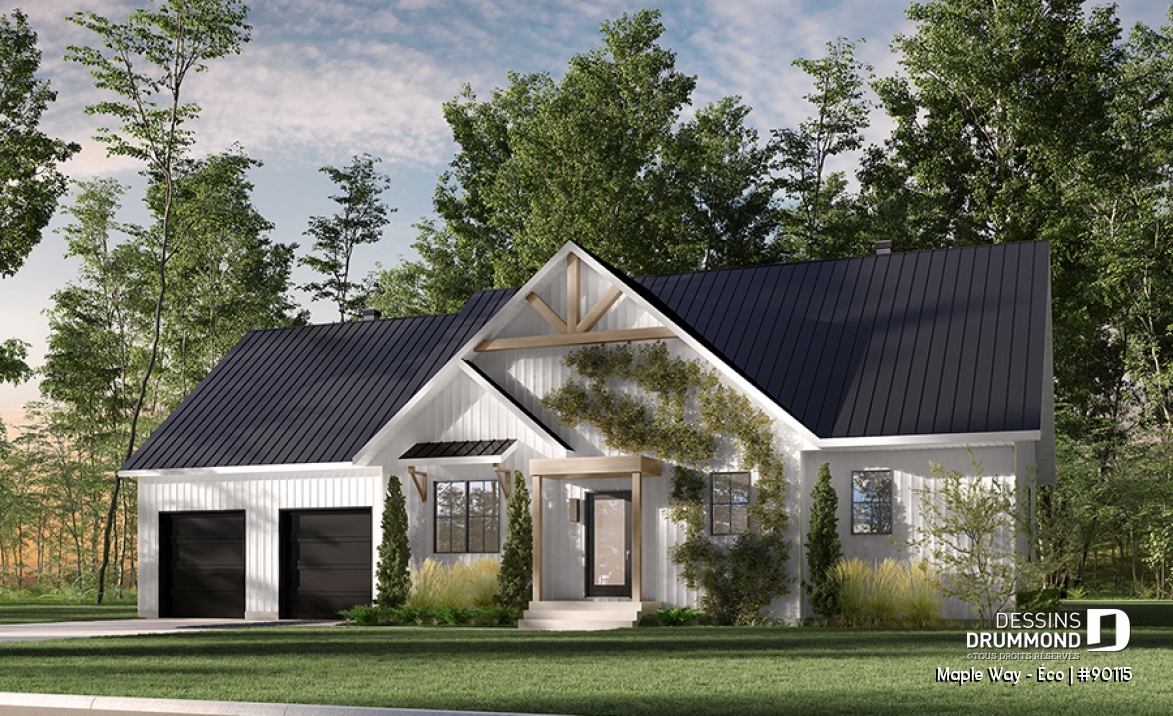 Vue avant - MODÈLE DE BASE - Plain-pied Farmhouse éco-responsable 2 à 5 chambres, bureau, garage double, sous-sol aménagé (optionnel $) - Maple Way - Éco