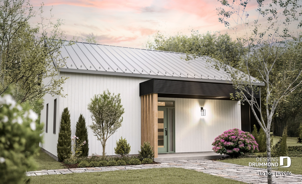 Vue avant - MODÈLE DE BASE - Plan de plain-pied éco-responsable 3 chambres, vestiaire, aire ouverte au secteur activités, terrasse abritée - La Baie
