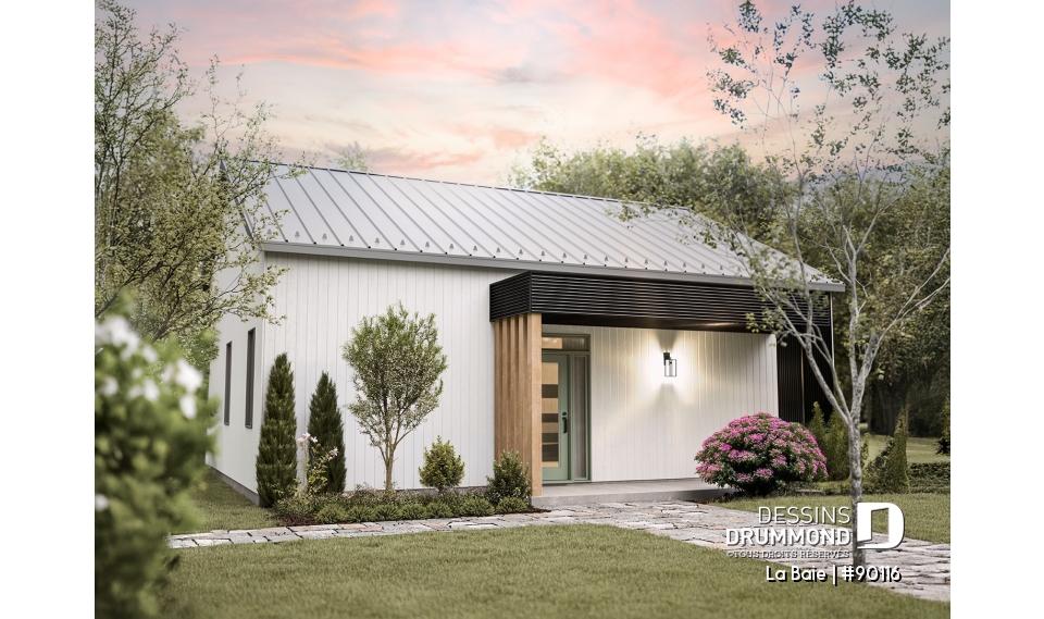 Vue avant - MODÈLE DE BASE - Plan de plain-pied éco-responsable 3 chambres, vestiaire, aire ouverte au secteur activités, terrasse abritée - La Baie