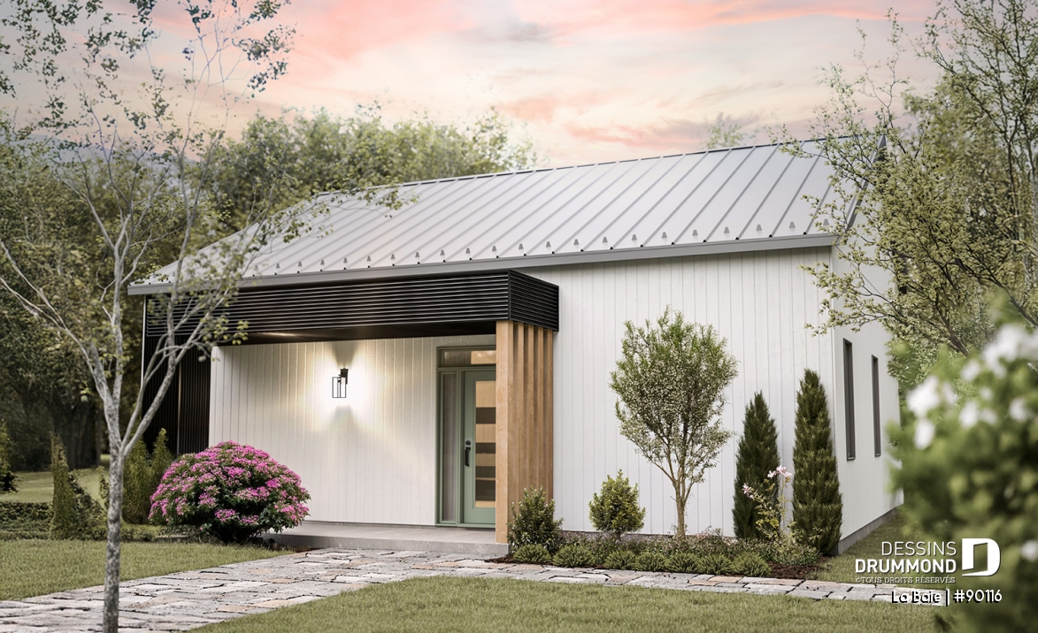 Vue avant - MODÈLE DE BASE - Plan de plain-pied éco-responsable 3 chambres, vestiaire, aire ouverte au secteur activités, terrasse abritée - La Baie