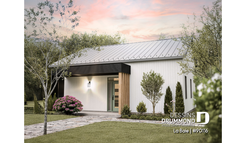 Vue avant - MODÈLE DE BASE - Plan de plain-pied éco-responsable 3 chambres, vestiaire, aire ouverte au secteur activités, terrasse abritée - La Baie