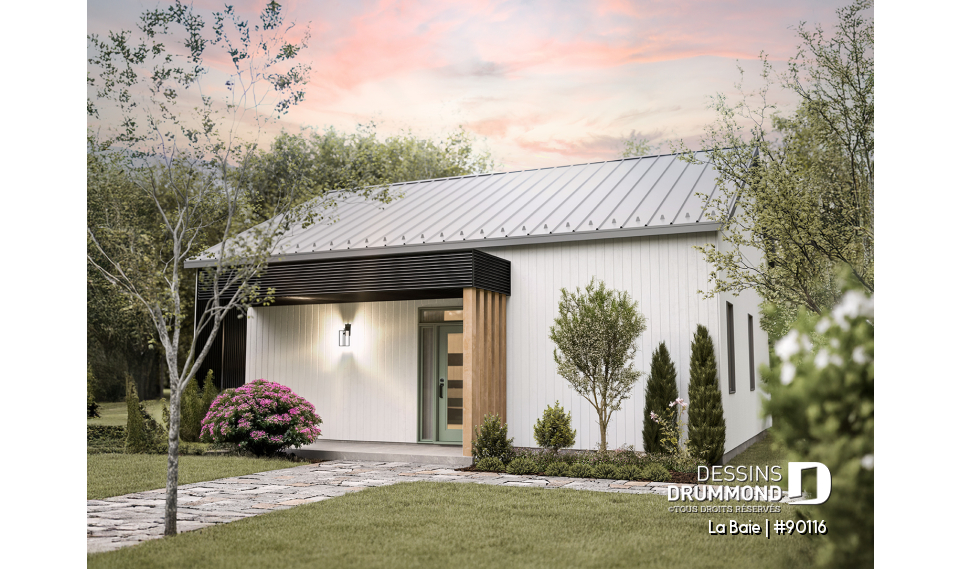 Vue avant - MODÈLE DE BASE - Plan de plain-pied éco-responsable 3 chambres, vestiaire, aire ouverte au secteur activités, terrasse abritée - La Baie