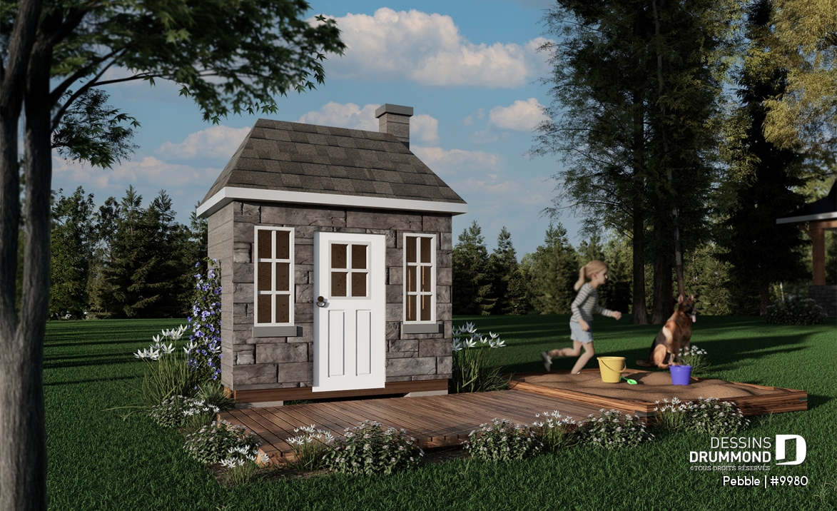 Vue avant - MODÈLE DE BASE - Plan de maisonnette gratuit pour enfants, à construire soi-même - Mini-maison champêtre - Pebble