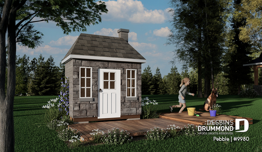 Vue avant - MODÈLE DE BASE - Plan de maisonnette gratuit pour enfants, à construire soi-même - Mini-maison champêtre - Pebble