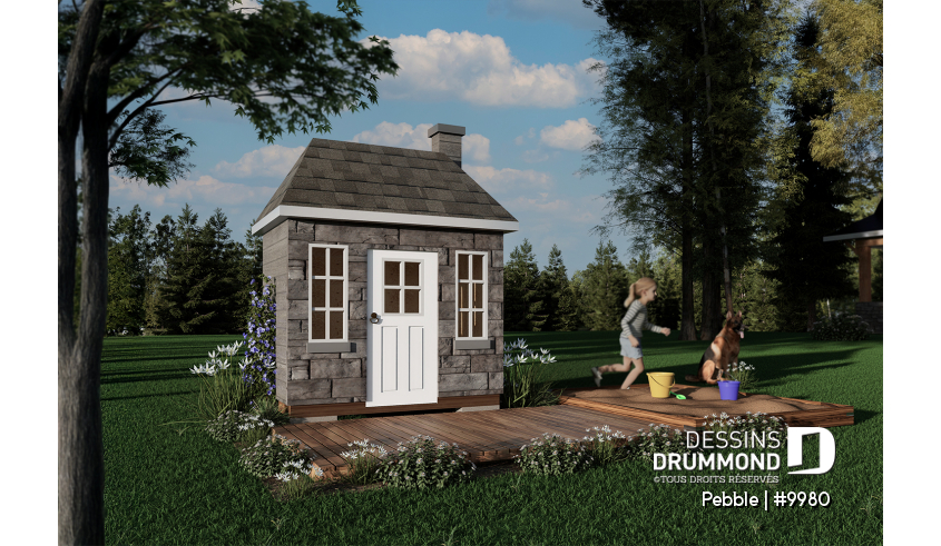 Vue avant - MODÈLE DE BASE - Plan de maisonnette gratuit pour enfants, à construire soi-même - Mini-maison champêtre - Pebble