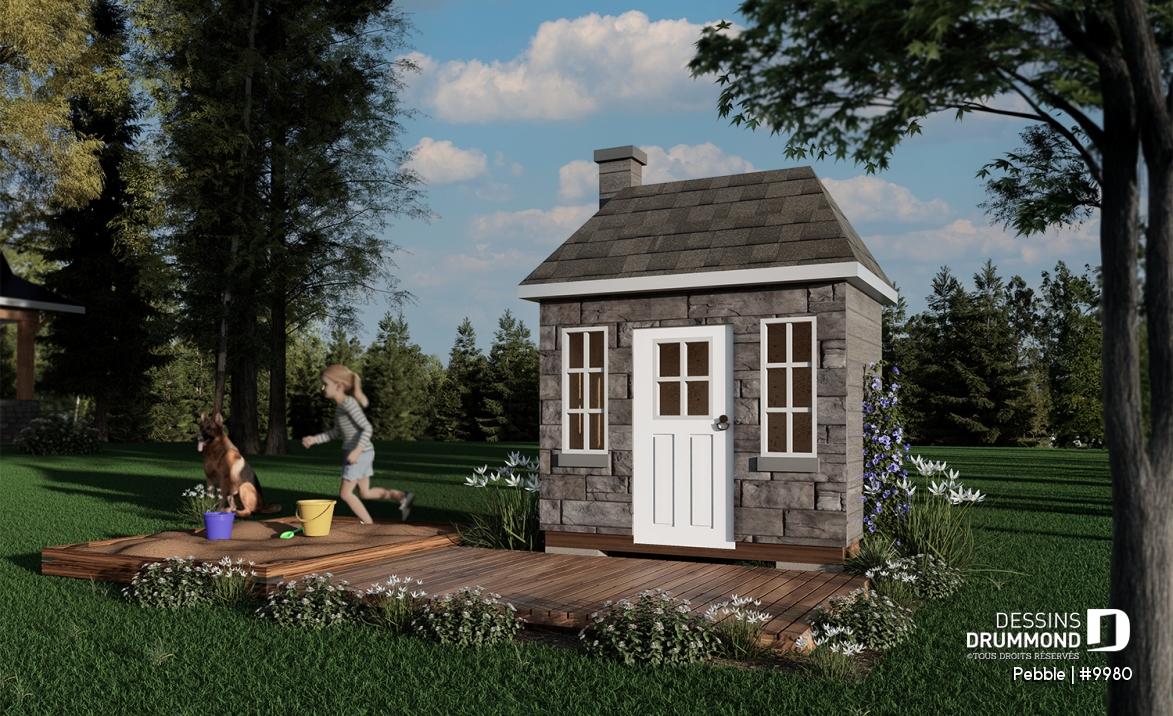 Vue avant - MODÈLE DE BASE - Plan de maisonnette gratuit pour enfants, à construire soi-même - Mini-maison champêtre - Pebble