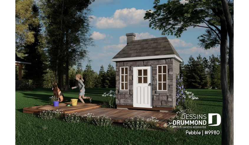 Vue avant - MODÈLE DE BASE - Plan de maisonnette gratuit pour enfants, à construire soi-même - Mini-maison champêtre - Pebble