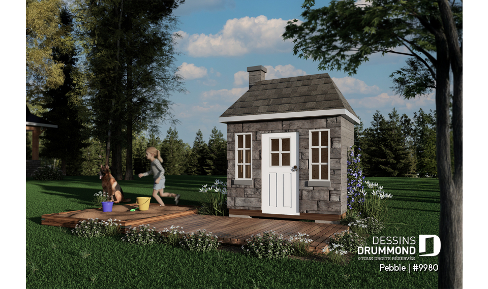 Vue avant - MODÈLE DE BASE - Plan de maisonnette gratuit pour enfants, à construire soi-même - Mini-maison champêtre - Pebble