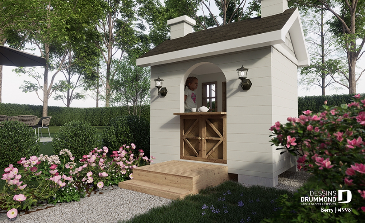 Vue arrière - MODÈLE DE BASE - Plan gratuit de cabane pour enfant, à construire soi-même - Maisonnette de style farmhouse - Berry