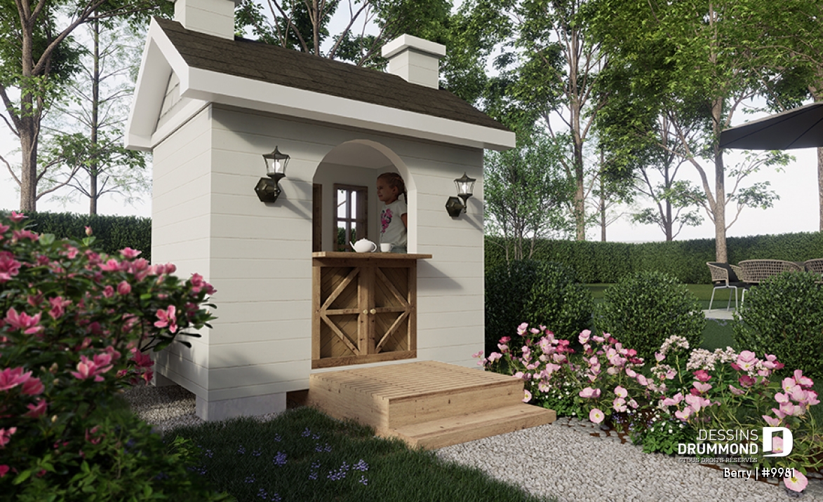 Vue arrière - MODÈLE DE BASE - Plan gratuit de cabane pour enfant, à construire soi-même - Maisonnette de style farmhouse - Berry