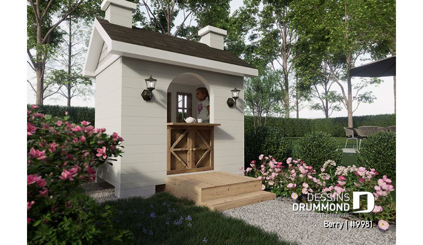 Vue arrière - MODÈLE DE BASE - Plan gratuit de cabane pour enfant, à construire soi-même - Maisonnette de style farmhouse - Berry