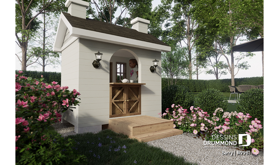 Vue arrière - MODÈLE DE BASE - Plan gratuit de cabane pour enfant, à construire soi-même - Maisonnette de style farmhouse - Berry