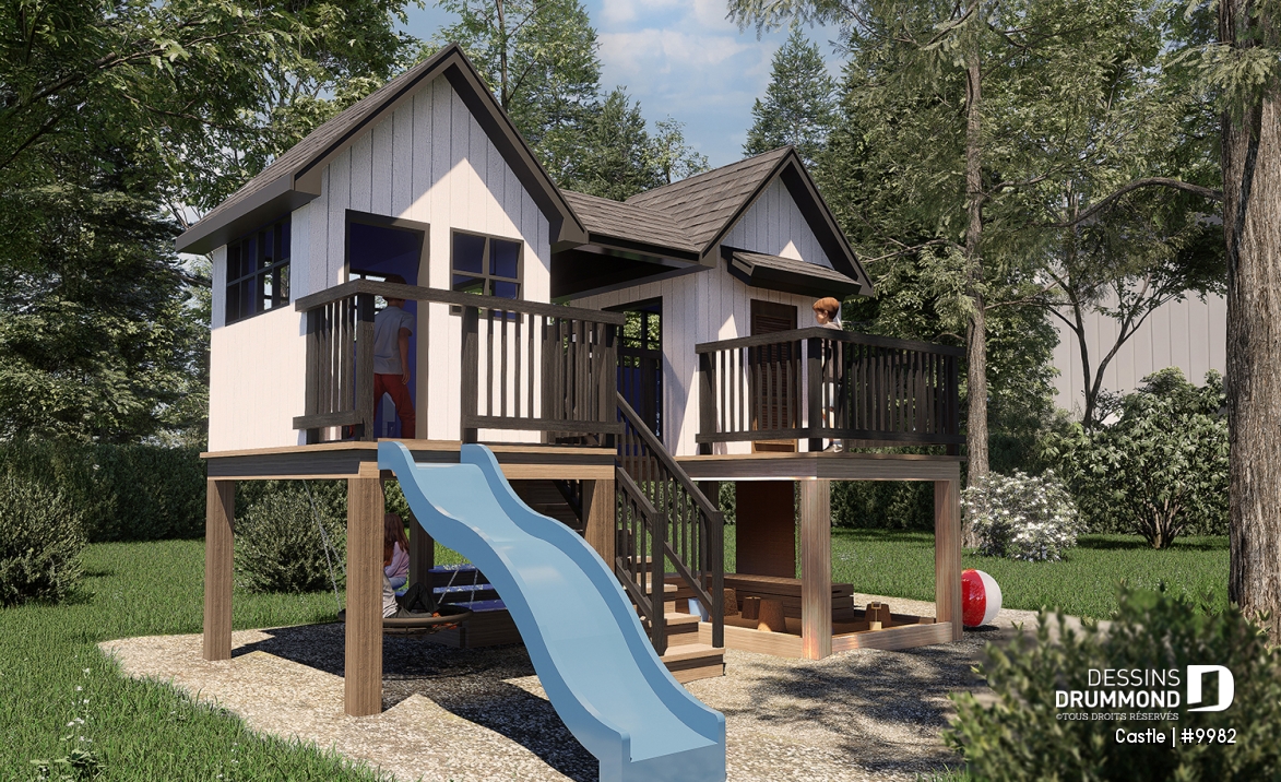 Vue avant - MODÈLE DE BASE - Plan gratuit de grande maisonnette pour enfant à construire soi-même - Mini maison d'inspiration scandinave - Castle