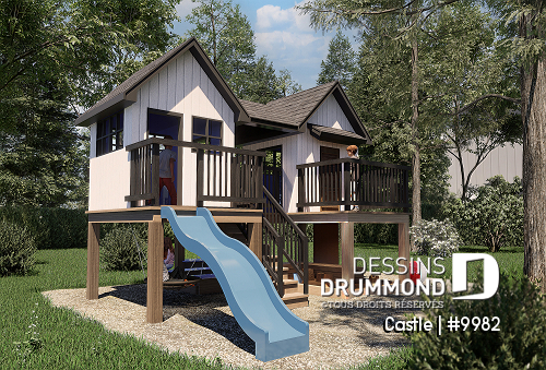 Vue avant - MODÈLE DE BASE - Plan gratuit de grande maisonnette pour enfant à construire soi-même - Mini maison d'inspiration scandinave - Castle