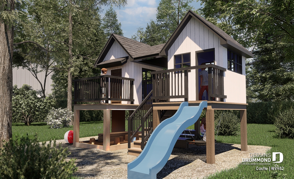 Vue avant - MODÈLE DE BASE - Plan gratuit de grande maisonnette pour enfant à construire soi-même - Mini maison d'inspiration scandinave - Castle