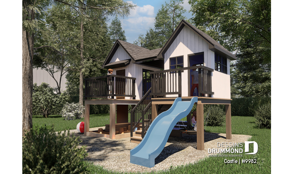 Vue avant - MODÈLE DE BASE - Plan gratuit de grande maisonnette pour enfant à construire soi-même - Mini maison d'inspiration scandinave - Castle