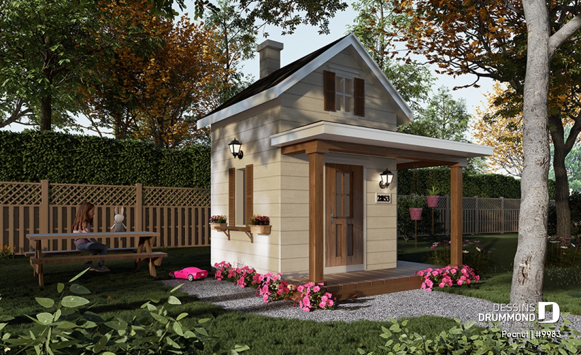 Vue avant - MODÈLE DE BASE - Petite maisonnette farmhouse pour enfant à construire soi-même - Plan gratuit de mini-maison pour enfants - Peanut